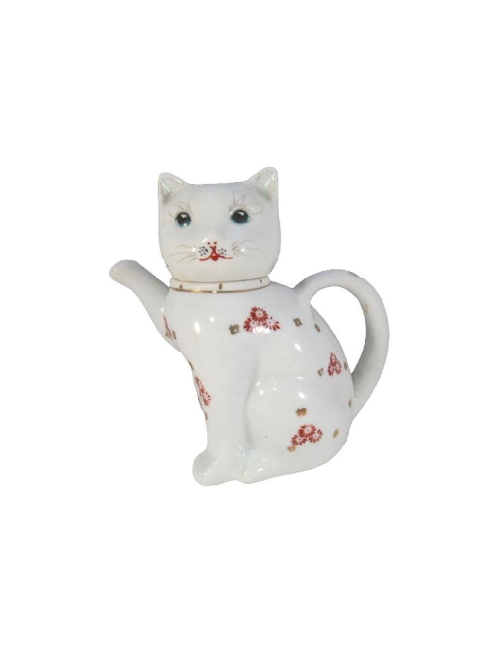 Vintage Ceramic Lucky Cat Teapot with White Red Gold Floral Accents 5.5" Tall